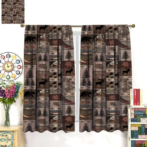 Miniatura 2 de Cortina de estilo rústico retro, alce, ciervo, hojas de árbol, estilo campestre, cortinas opacas para sala de estar, cocina, sala de estudio