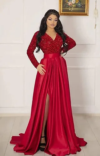 Miniatura 2 de YMSHA Vestido de fiesta de graduación con lentejuelas brillantes para mujer, con bolsillos, manga larga, satén, vestido de noche formal con abertura