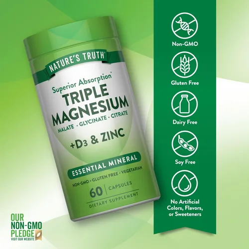 Miniatura 3 de Nature's Truth Suplemento triple de complejo de magnesio 60 cápsulas glicinato, citrato y malato con D3 y zinc Vegetariano, sin OMG y sin