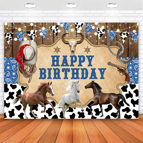 Avezano Fondo de fiesta de cumpleaños de caballo, fondo de fiesta de vaquero, tema del oeste salvaje, decoración de fiesta de feliz cumpleaños, Azul