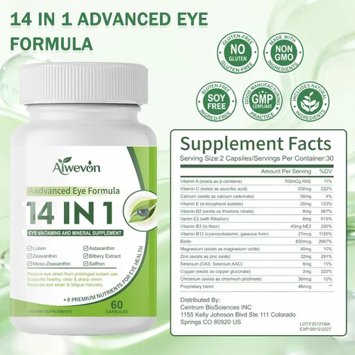 Miniatura 3 de Suplemento de vitaminas oculares 14 en 1 para la visión y la salud ocular - Fórmula de apoyo macular de luteína y zeaxantina para una visión clara