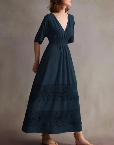 Miniatura 60 de Vestido largo de encaje para mujer de manga corta y cuello en V, vestido de fiesta estilo bohemio con cintura fruncida, vestido bohemio para mujer