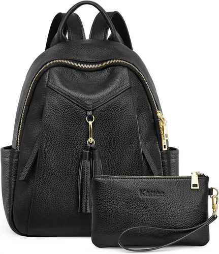 Miniatura 7 de Kattee Mochila de cuero genuino para mujer, suave, casual, bolsa de viaje de moda con cartera de muñeca, Negro