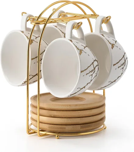 Miniatura 15 de LUKA - Juego de tazas de café de cerámica con platillos y soporte de metal, tazas de capuchino apilables de 8 oz de porcelana para té, espresso