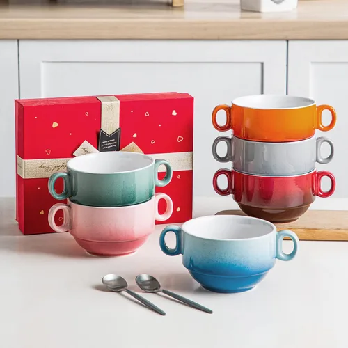 Miniatura 7 de LOVECASA Cuencos de Sopa Multicolor de 12 OZ con Asas, Cuencos Pequeños de Cerámica para Sopa de Cebolla Francesa, Mini Tazas de Sopa Cuencos