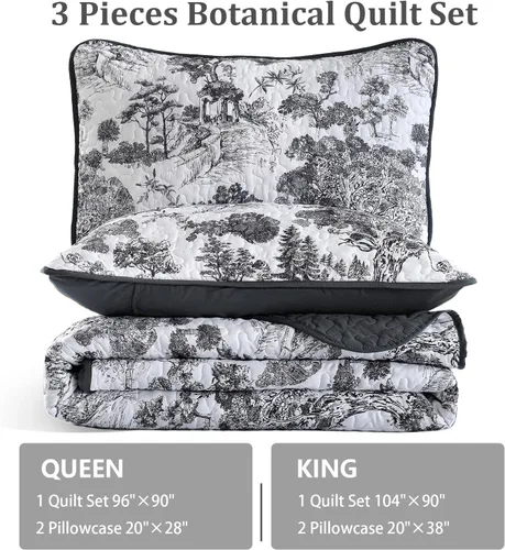Miniatura 7 de WONGS BEDDING Juego de edredón botánico tamaño Queen, negro, 3 piezas, colcha con estampado floral de plantas Toile, juego de ropa de cama