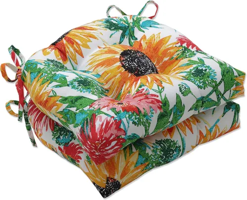 Pillow Perfect Cojín de asiento de mimbre para interiores y exteriores con lazos, 2 unidades, 15.5 x 16 pulgadas, girasoles amarillo/verdes