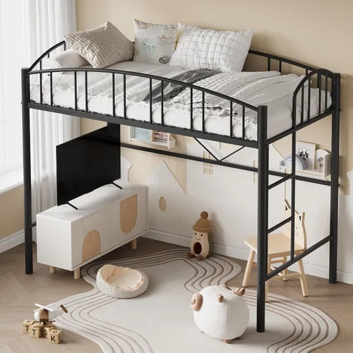 Miniatura 7 de IDEALHOUSE Cama alta tamaño individual con escalera y barandilla de arco alto, listones de metal resistentes, diseño que ahorra espacio