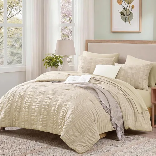 Miniatura 2 de CASAAGUSTO Juego de edredón Twin XL, 5 piezas de cama de seersucker beige en una bolsa, tamaño Twin, suave para todas las estaciones, juegos de ropa