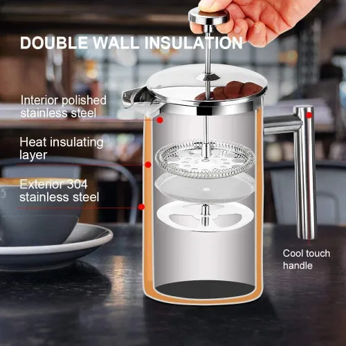 Miniatura 3 de Secura - Cafetera de prensa francesa de acero inoxidable 304 con 2 filtros adicionales Plateado