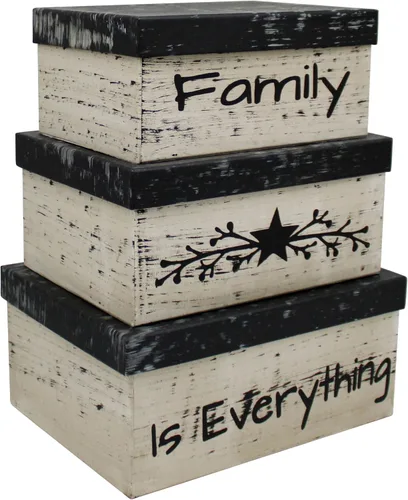 CVHOMEDECO. Cajas anidadas rectangulares vintage primitivas de cartón “La familia lo es todo”, grandes 12 x 9 x 14 cm. Juego de 3.