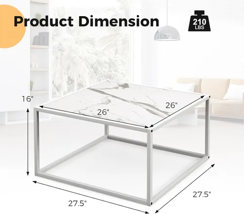Miniatura 2 de Giantex Mesa de centro cuadrada con mesa de mármol sintético y marco de acero, mesa de cóctel central, muebles de sala de estar, mesita de noche