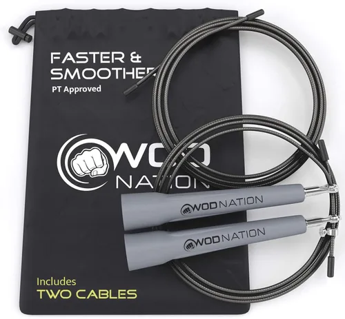 WOD Nation Cuerda de saltar de velocidad ajustable para hombres, mujeres y niños - Cuerda de saltar de fitness ultrarrápida perfecta para boxeo, Gris
