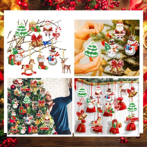 Miniatura 6 de Ferraycle 12 piezas de adornos de Navidad de arte de diamantes de Navidad, adornos de pintura de diamantes 5D, kits de llaveros de pintura colgante