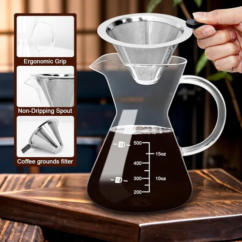 Miniatura 3 de Cafetera de vidrio para verter sobre vidrio de 17 onzas y filtro inoxidable Double Stainless,Thickened Heat-Resistant Borosilicate Glass,Plastic