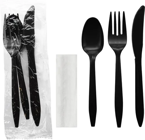 Miniatura 9 de Party Essentials Paquetes de cubiertos de plástico envueltos individualmente, tenedor/cuchara/cuchillo/servilleta/sal/pimienta, 50