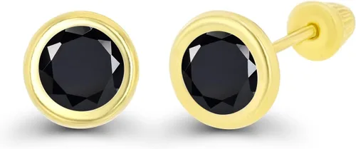 Miniatura 2 de Aretes de tuerca de oro macizo hipoalergénico de 14 quilates, solitario redondo de 5 mm con piedra de nacimiento en bisel