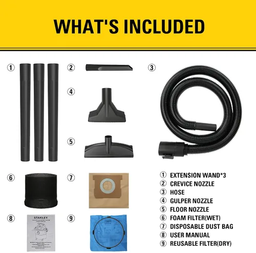 Miniatura 8 de STANLEY Aspiradora de taller húmeda y seca, 1 galón 1.5 Peak HP Aspiradora pequeña húmeda-seca con 60CFM de potente succión, aspiradoras portátiles