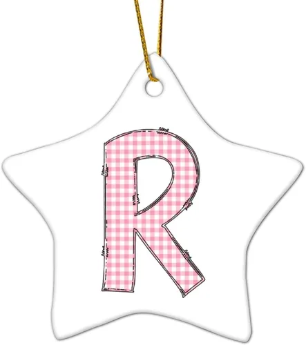 Miniatura 3 de Adorno de cerámica con monograma de letras del alfabeto de búfalo rosa con forma de estrella, recuerdo colgante para boda, invierno, Año Nuevo