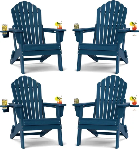 Miniatura 16 de Plawdlik Juego de 2 sillas plegables Adirondack de HDPE, sillas de patio al aire libre resistentes con soportes dobles para tazas, silla para Negro