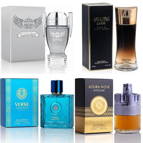 Set de colonia para hombre, EDP, pack de 4 (3.4 oz / 100 mL), Amazing Code Gold, Verse Adonis Blue, AzuraAD, Invincible, Office Clean & Confident,