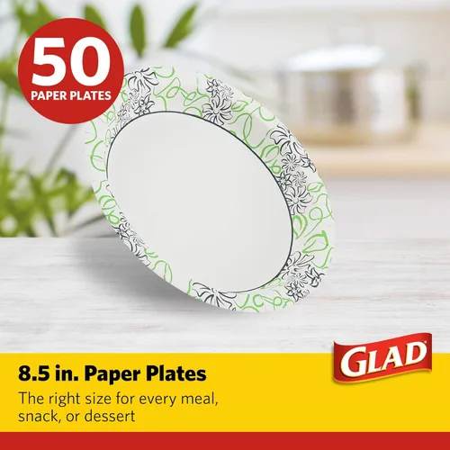 Miniatura 2 de Glad Platos redondos de papel desechables, con patrón floral caprichoso, a prueba de remojo, resistente a cortes, aptos para microondas, platos