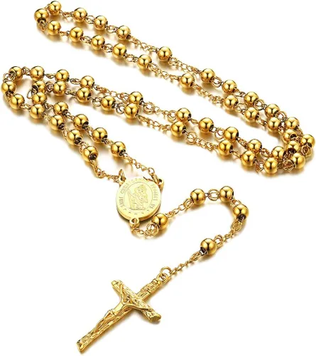 FaithHeart Collar de cuentas de rosario católico medalla de San Miguel San Cristóbal Virgen María y San Benito con dije de cruz cuentas de 6 mm0236