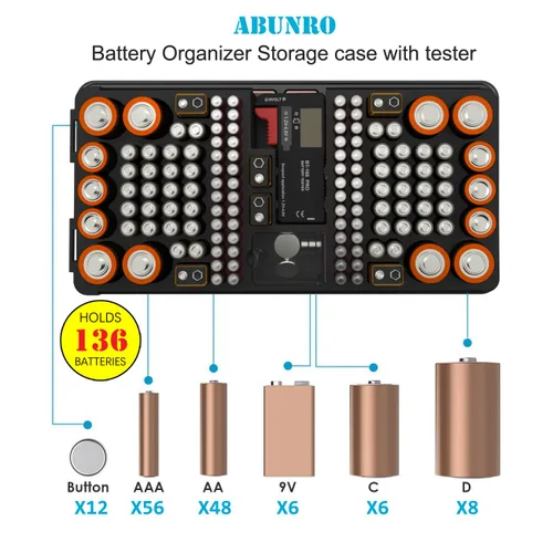 Miniatura 5 de Estuche organizador de almacenamiento de baterías con probador digital, capacidad para 136 baterías AAA AA C D 9V y de botón, diseño compacto