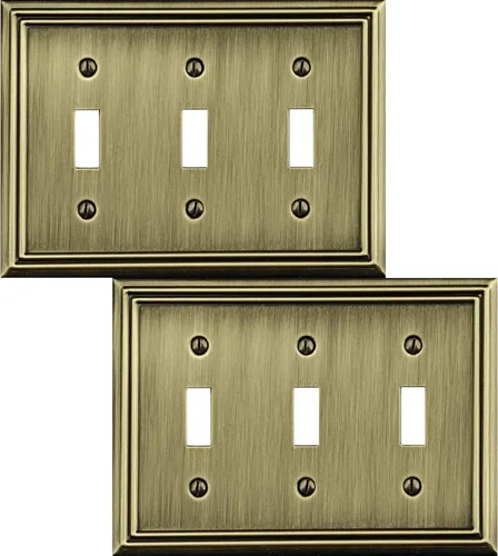 OKAWYC Placa de pared de metal Adler con cubierta triple para interruptor de luz, paquete de 2 unidades de latón antiguo de 3 bandas, cubierta