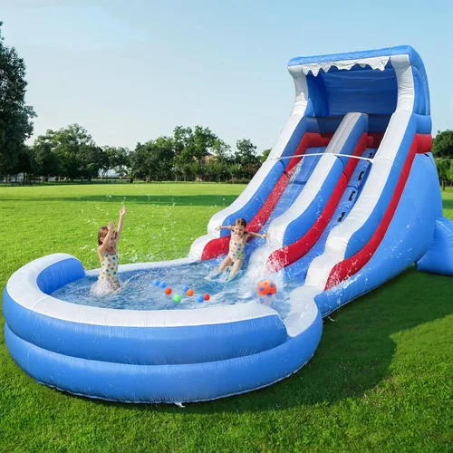 Miniatura 4 de Tobogán acuático inflable de grado para niños de 22 pies con gran piscina de salpicaduras, parque acuático azul resistente para niños con soplador
