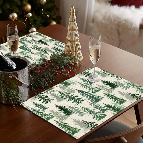 Miniatura 3 de Juego de 4 manteles individuales de Navidad de 12 x 18 pulgadas, con diseño de árboles de pino verde con la frase "Merry Christmas", resistentes al