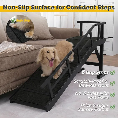 Miniatura 4 de Rampa para perros para cama o sofá, rampa de madera para mascotas con pendiente suave de 20°, rieles laterales extraíbles, superficie
