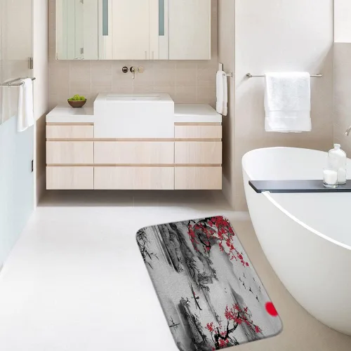 Miniatura 4 de Alfombra de baño de decoración asiática, ramas de ciruelo rojo, árboles japoneses, sol y montañas brumosas, arte de tinta tradicional china