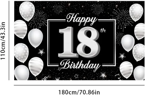 Miniatura 2 de Cartel de fondo de cumpleaños número 18, decoración de fiesta plateada y negra para niños y niñas, fondo de cabina de fotos