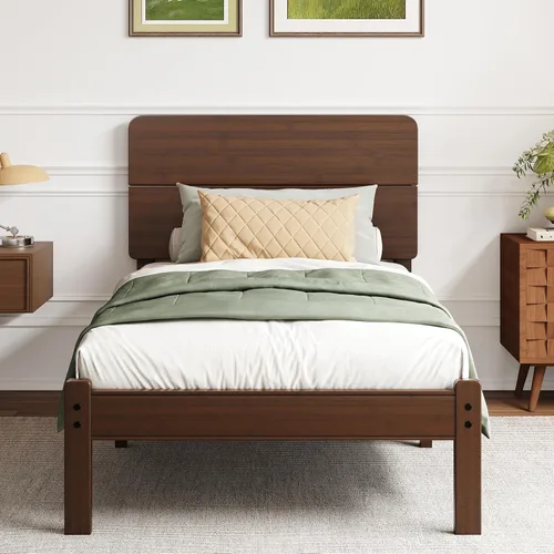 Miniatura 15 de BOSRII Base de cama de madera de bambú maciza de 12 pulgadas de alto tamaño individual con cabecero, listones de metal reforzados, sin ruido,