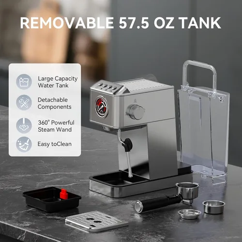 Miniatura 5 de EM623 Máquina de café expreso de 20 Bar con espumador de leche de vapor, máquina de café de acero inoxidable con tanque de agua extraíble