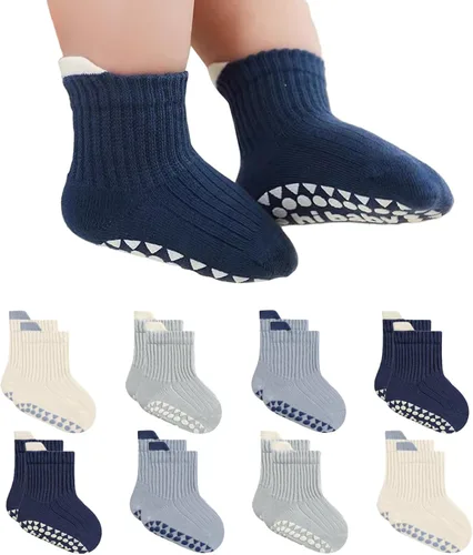 BONANGEL Baby Socks with Grips, 8 Pairs Non Slip Cotton Ankle Socks for Toddler Girls Boys Infants Kids 0-5 Years Old