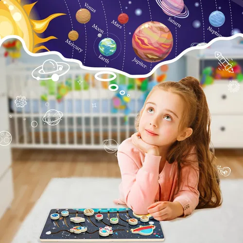 Miniatura 2 de Zeoddler Rompecabezas de sistema solar móvil para niños de 3 a 6 años, juguetes espaciales de madera, planetas para niños, actividades