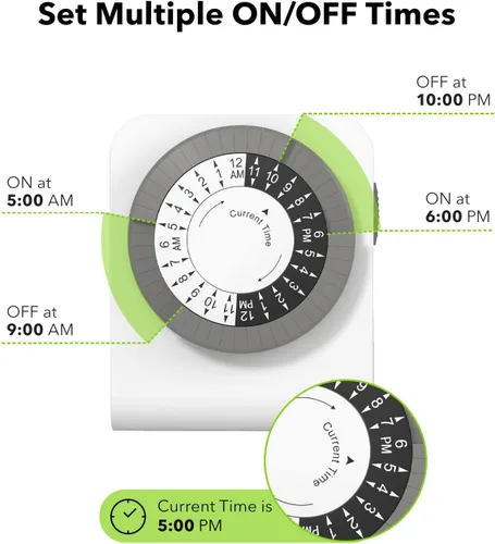Miniatura 2 de BN-LINK Temporizador de salida con 2 enchufes con conexión a tierra, temporizador de luz mecánico para enchufe eléctrico interior, 24 horas, 3