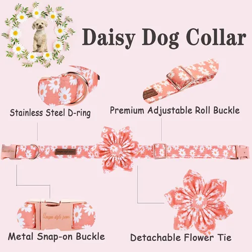 Miniatura 3 de Unique style paws Collar de Perro con Corbata de Flores Margarita Rosa Collar de Verano para Perros Pequeños Medianos y Grandes con Hebilla de Metal
