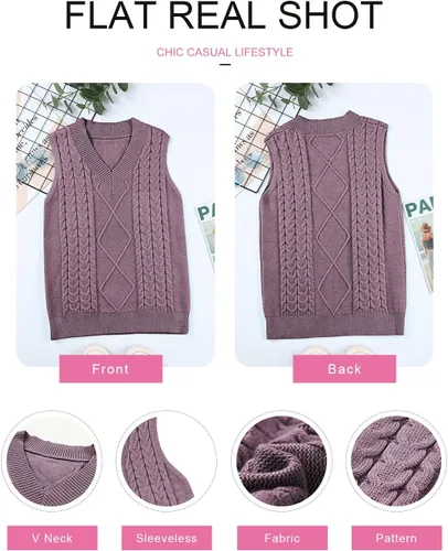 Miniatura 5 de EVALESS Chaleco de gran tamaño para mujer, cuello en V, sin mangas, unicolor, holgado, sin botones ni cierre, suéter