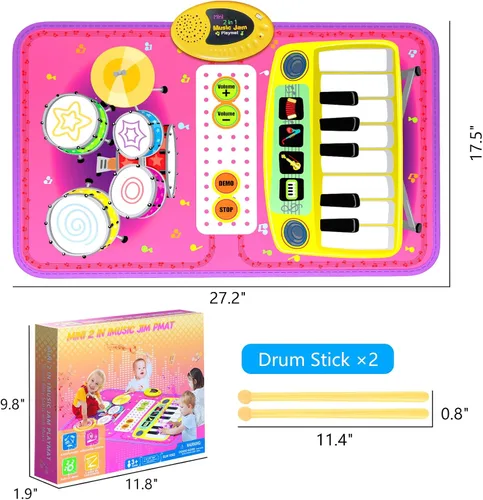 Miniatura 7 de Juguetes de Alfombra Musical 2 en 1 para niños de 1, 2, 3, 4, 5 años, teclado de piano y batería con 2 baquetas, juguetes educativos de aprendizaje