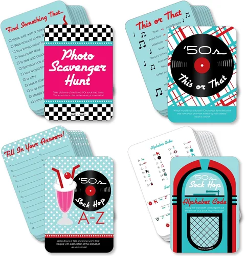 Big Dot of Happiness 50's Sock Hop - 4 juegos de fiesta Rock N Roll de los años 50 - 10 cartas cada uno - Paquete Gamerific