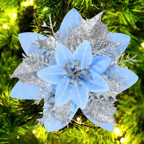 Miniatura 11 de FurRain Flores Artificiales de Navidad de Poinsettia 5.5" Guirnalda de Árbol de Navidad 12 Piezas Flores con Brillantina Adornos para Navidad Nueva