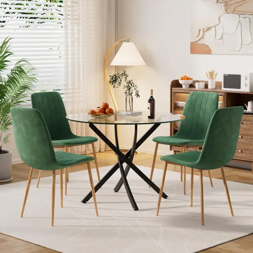 Miniatura 16 de Moderno juego de mesa redonda de vidrio para 4, 36 pulgadas, pequeña base negra de vidrio templado con 4 sillas de comedor minimalistas beige, juego