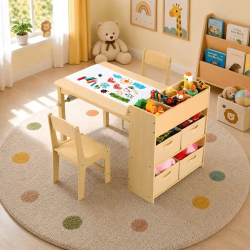Miniatura 11 de Arlopu - Juego de mesa de arte para niños y 2 sillas, mesa de actividades de madera para niños de gran tamaño, escritorio de dibujo resistente