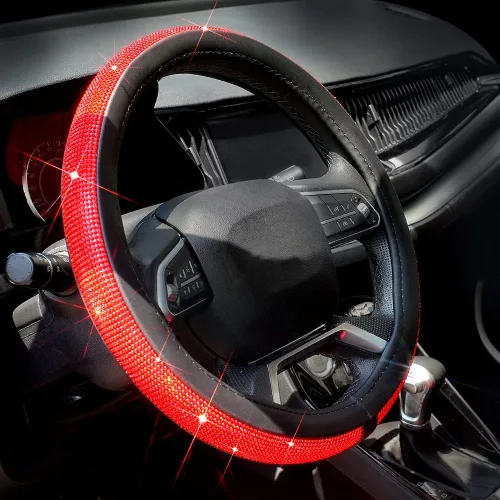 Miniatura 12 de Nueva funda de volante de cuero con diamantes de imitación y cristales brillantes, protector de rueda de auto de 15 pulgadas de ajuste universal