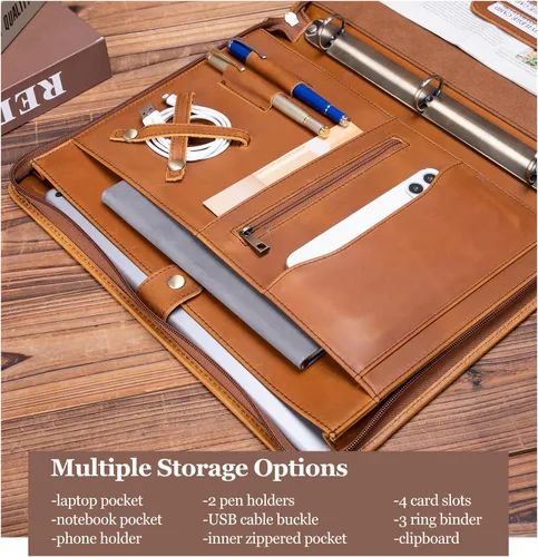 Miniatura 4 de Carpeta de 3 anillos de cuero genuino con portapapeles, mango oculto, portafolio con cremallera de 8.5 x 11 pulgadas, organizador de negocios, folio