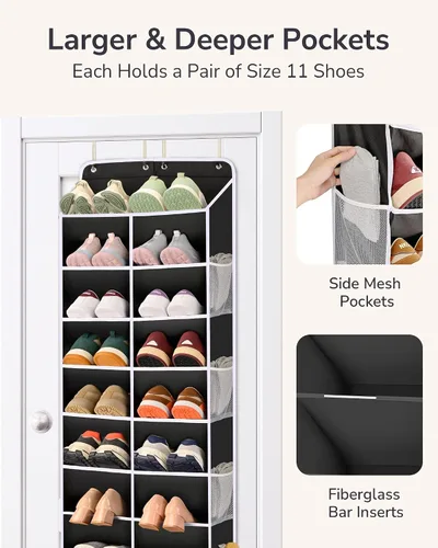 Miniatura 8 de ULG Organizador de zapatos sobre la puerta con 16 bolsillos grandes, zapatero colgante para puerta de armario, almacenamiento de zapatos que ahorra