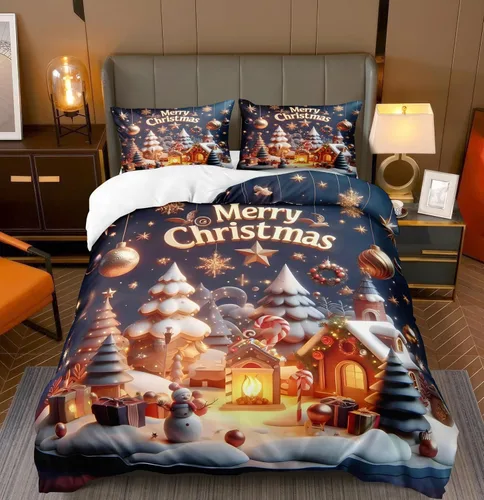Miniatura 20 de Herside Juego de funda de edredón de Navidad, tamaño Queen, colorido patrón navideño impreso, bonita decoración navideña, microfibra suave, funda